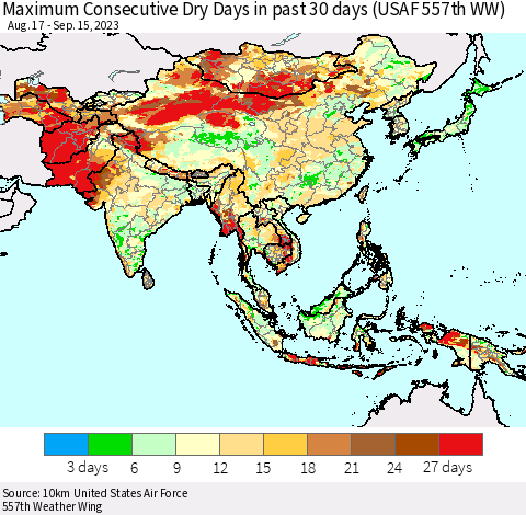 Asia Maximum Consecutive Dry Days in past 30 days (USAF 557th WW) 09/15/2023 Thematic Map For 9/11/2023 - 9/15/2023