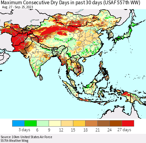Asia Maximum Consecutive Dry Days in past 30 days (USAF 557th WW) 09/25/2023 Thematic Map For 9/21/2023 - 9/25/2023