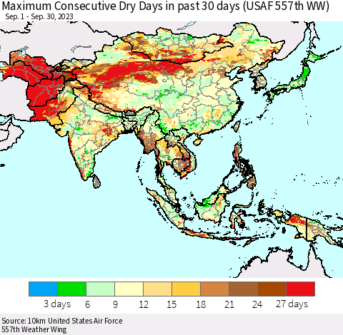 Asia Maximum Consecutive Dry Days in past 30 days (USAF 557th WW) 09/30/2023 Thematic Map For 9/26/2023 - 9/30/2023
