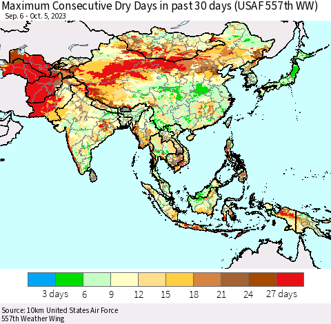 Asia Maximum Consecutive Dry Days in past 30 days (USAF 557th WW) 10/05/2023 Thematic Map For 10/1/2023 - 10/5/2023