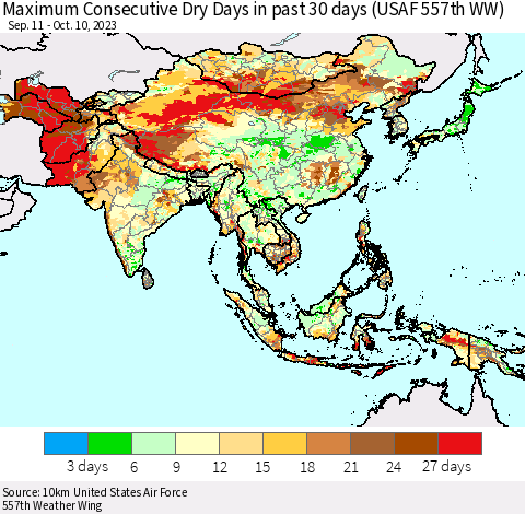 Asia Maximum Consecutive Dry Days in past 30 days (USAF 557th WW) 10/10/2023 Thematic Map For 10/6/2023 - 10/10/2023