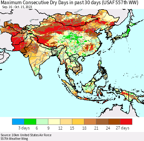 Asia Maximum Consecutive Dry Days in past 30 days (USAF 557th WW) 10/15/2023 Thematic Map For 10/11/2023 - 10/15/2023