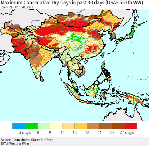 Asia Maximum Consecutive Dry Days in past 30 days (USAF 557th WW) 10/20/2023 Thematic Map For 10/16/2023 - 10/20/2023