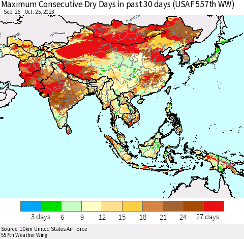 Asia Maximum Consecutive Dry Days in past 30 days (USAF 557th WW) 10/25/2023 Thematic Map For 10/21/2023 - 10/25/2023