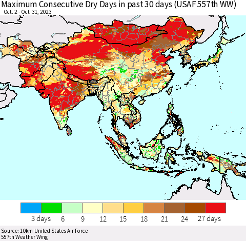 Asia Maximum Consecutive Dry Days in past 30 days (USAF 557th WW) 10/31/2023 Thematic Map For 10/26/2023 - 10/31/2023