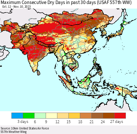 Asia Maximum Consecutive Dry Days in past 30 days (USAF 557th WW) 11/10/2023 Thematic Map For 11/6/2023 - 11/10/2023