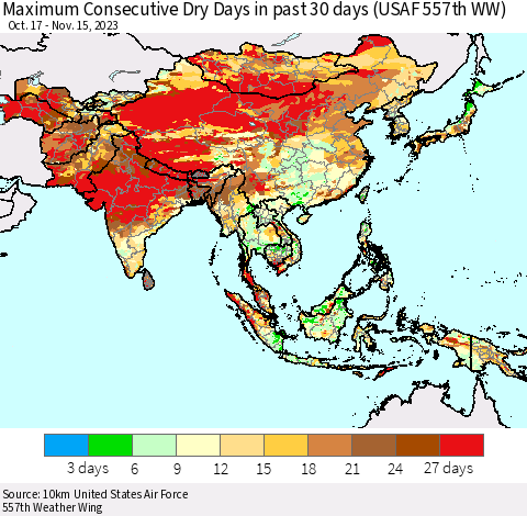 Asia Maximum Consecutive Dry Days in past 30 days (USAF 557th WW) 11/15/2023 Thematic Map For 11/11/2023 - 11/15/2023