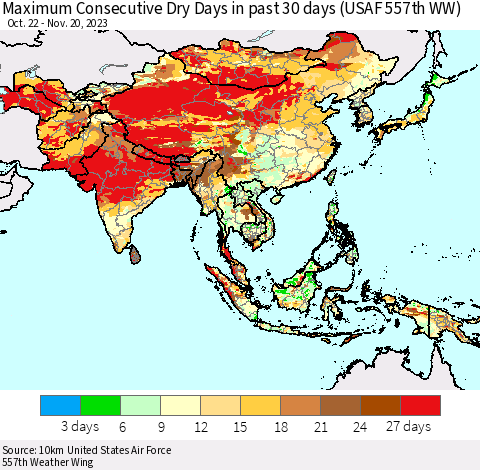 Asia Maximum Consecutive Dry Days in past 30 days (USAF 557th WW) 11/20/2023 Thematic Map For 11/16/2023 - 11/20/2023