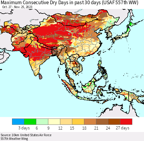 Asia Maximum Consecutive Dry Days in past 30 days (USAF 557th WW) 11/25/2023 Thematic Map For 11/21/2023 - 11/25/2023