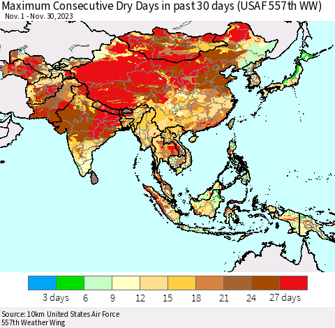Asia Maximum Consecutive Dry Days in past 30 days (USAF 557th WW) 11/30/2023 Thematic Map For 11/26/2023 - 11/30/2023