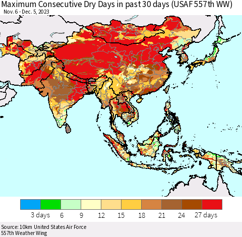Asia Maximum Consecutive Dry Days in past 30 days (USAF 557th WW) 12/05/2023 Thematic Map For 12/1/2023 - 12/5/2023