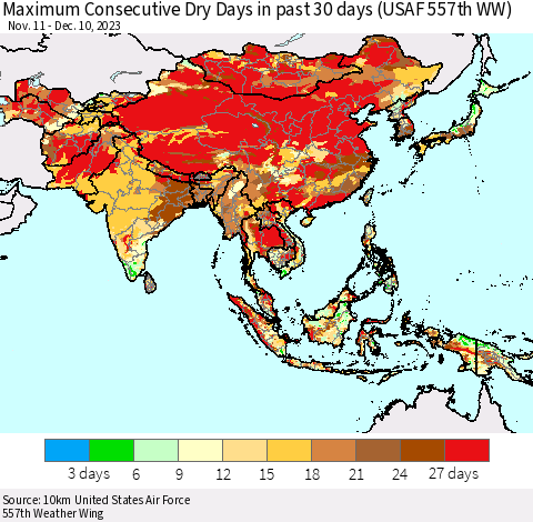 Asia Maximum Consecutive Dry Days in past 30 days (USAF 557th WW) 12/10/2023 Thematic Map For 12/6/2023 - 12/10/2023