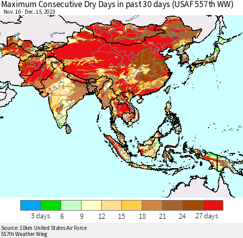 Asia Maximum Consecutive Dry Days in past 30 days (USAF 557th WW) 12/15/2023 Thematic Map For 12/11/2023 - 12/15/2023