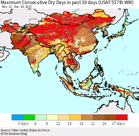Asia Maximum Consecutive Dry Days in past 30 days (USAF 557th WW) 12/20/2023 Thematic Map For 12/16/2023 - 12/20/2023