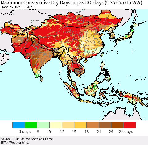 Asia Maximum Consecutive Dry Days in past 30 days (USAF 557th WW) 12/25/2023 Thematic Map For 12/21/2023 - 12/25/2023