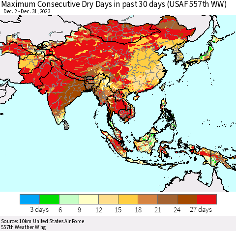 Asia Maximum Consecutive Dry Days in past 30 days (USAF 557th WW) 12/31/2023 Thematic Map For 12/26/2023 - 12/31/2023