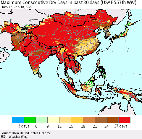 Asia Maximum Consecutive Dry Days in past 30 days (USAF 557th WW) 01/10/2024 Thematic Map For 1/6/2024 - 1/10/2024