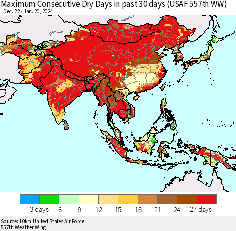 Asia Maximum Consecutive Dry Days in past 30 days (USAF 557th WW) 01/20/2024 Thematic Map For 1/16/2024 - 1/20/2024