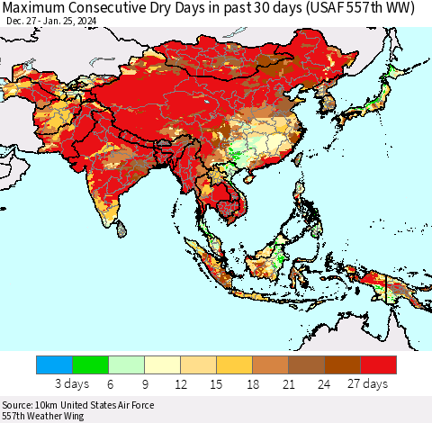 Asia Maximum Consecutive Dry Days in past 30 days (USAF 557th WW) 01/25/2024 Thematic Map For 1/21/2024 - 1/25/2024