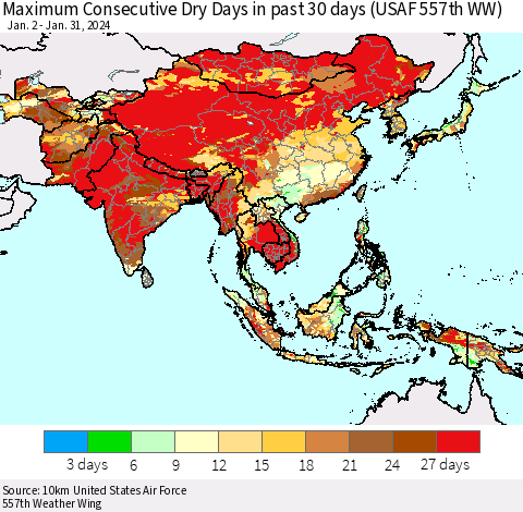 Asia Maximum Consecutive Dry Days in past 30 days (USAF 557th WW) 01/31/2024 Thematic Map For 1/26/2024 - 1/31/2024