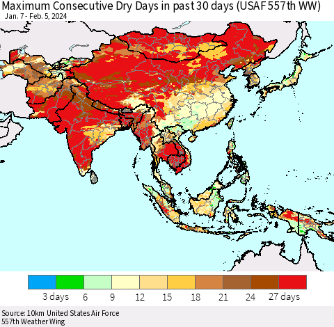 Asia Maximum Consecutive Dry Days in past 30 days (USAF 557th WW) 02/05/2024 Thematic Map For 2/1/2024 - 2/5/2024