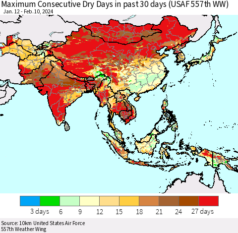 Asia Maximum Consecutive Dry Days in past 30 days (USAF 557th WW) 02/10/2024 Thematic Map For 2/6/2024 - 2/10/2024