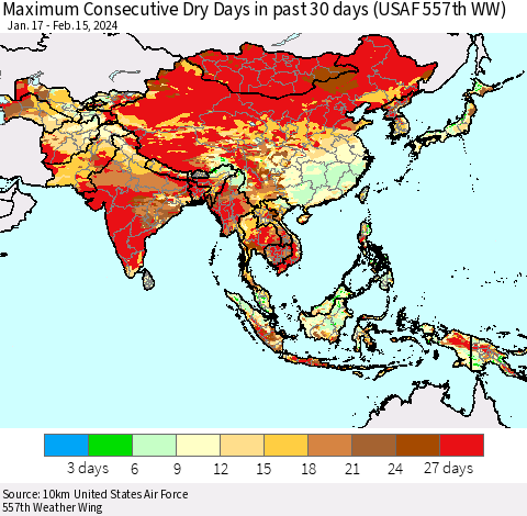 Asia Maximum Consecutive Dry Days in past 30 days (USAF 557th WW) 02/15/2024 Thematic Map For 2/11/2024 - 2/15/2024
