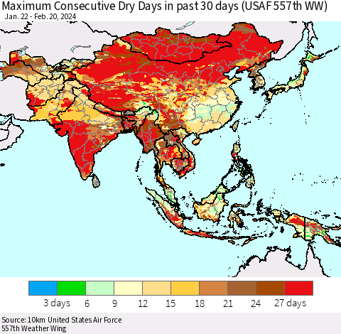 Asia Maximum Consecutive Dry Days in past 30 days (USAF 557th WW) 02/20/2024 Thematic Map For 2/16/2024 - 2/20/2024