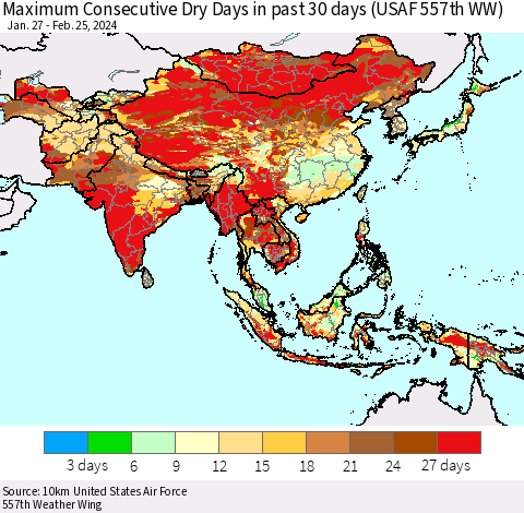Asia Maximum Consecutive Dry Days in past 30 days (USAF 557th WW) 02/25/2024 Thematic Map For 2/21/2024 - 2/25/2024