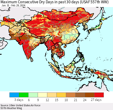Asia Maximum Consecutive Dry Days in past 30 days (USAF 557th WW) 02/29/2024 Thematic Map For 2/26/2024 - 2/29/2024