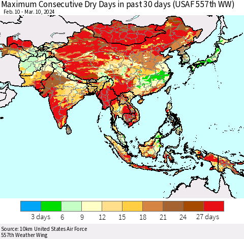 Asia Maximum Consecutive Dry Days in past 30 days (USAF 557th WW) 03/10/2024 Thematic Map For 3/6/2024 - 3/10/2024