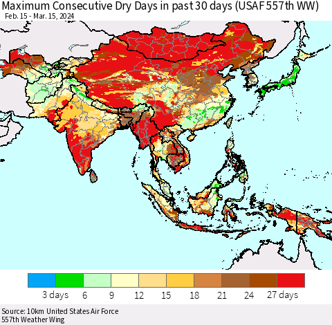 Asia Maximum Consecutive Dry Days in past 30 days (USAF 557th WW) 03/15/2024 Thematic Map For 3/11/2024 - 3/15/2024