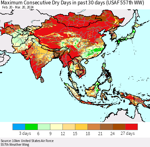 Asia Maximum Consecutive Dry Days in past 30 days (USAF 557th WW) 03/20/2024 Thematic Map For 3/16/2024 - 3/20/2024