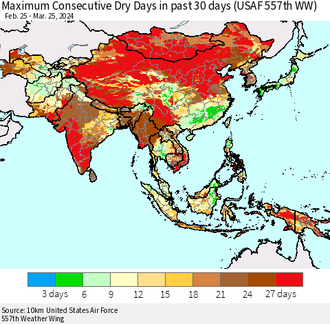 Asia Maximum Consecutive Dry Days in past 30 days (USAF 557th WW) 03/25/2024 Thematic Map For 3/21/2024 - 3/25/2024