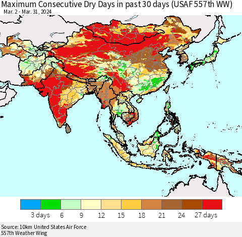 Asia Maximum Consecutive Dry Days in past 30 days (USAF 557th WW) 03/31/2024 Thematic Map For 3/26/2024 - 3/31/2024