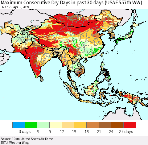 Asia Maximum Consecutive Dry Days in past 30 days (USAF 557th WW) 04/05/2024 Thematic Map For 4/1/2024 - 4/5/2024