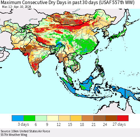 Asia Maximum Consecutive Dry Days in past 30 days (USAF 557th WW) 04/10/2024 Thematic Map For 4/6/2024 - 4/10/2024