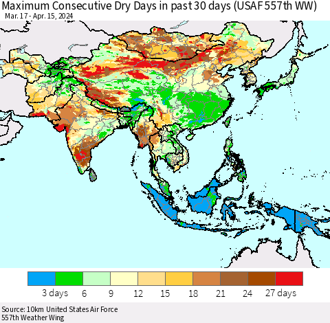 Asia Maximum Consecutive Dry Days in past 30 days (USAF 557th WW) 04/15/2024 Thematic Map For 4/11/2024 - 4/15/2024