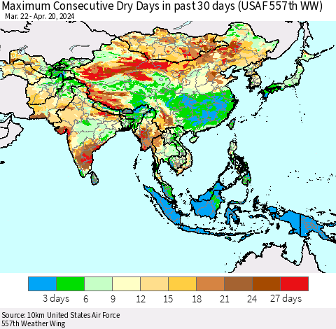 Asia Maximum Consecutive Dry Days in past 30 days (USAF 557th WW) 04/20/2024 Thematic Map For 4/16/2024 - 4/20/2024