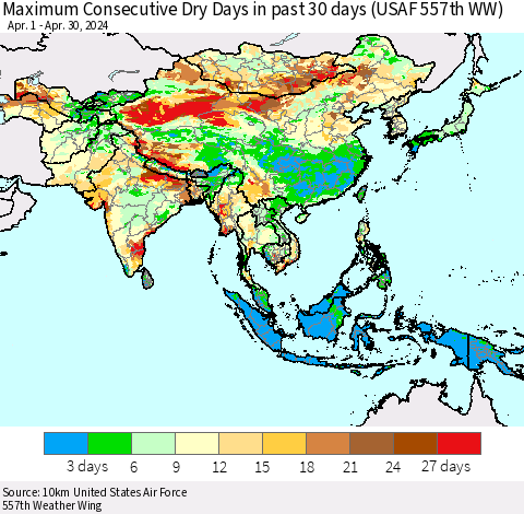 Asia Maximum Consecutive Dry Days in past 30 days (USAF 557th WW) 04/30/2024 Thematic Map For 4/26/2024 - 4/30/2024