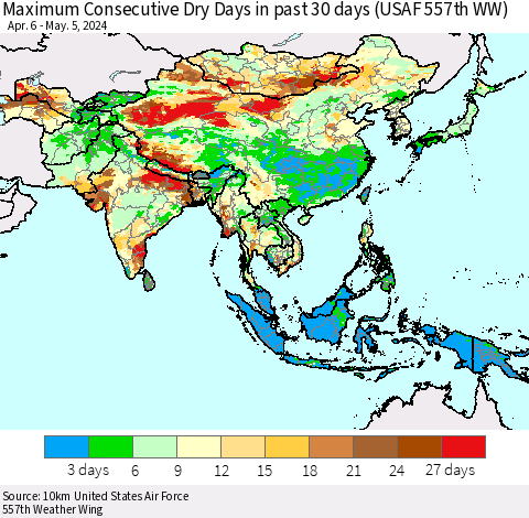 Asia Maximum Consecutive Dry Days in past 30 days (USAF 557th WW) 05/05/2024 Thematic Map For 5/1/2024 - 5/5/2024