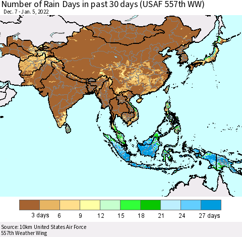 Asia Number of Rain Days in past 30 days (USAF 557th WW) 01/05/2022 Thematic Map For 1/1/2022 - 1/5/2022