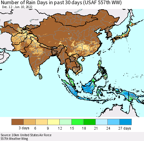 Asia Number of Rain Days in past 30 days (USAF 557th WW) 01/10/2022 Thematic Map For 1/6/2022 - 1/10/2022
