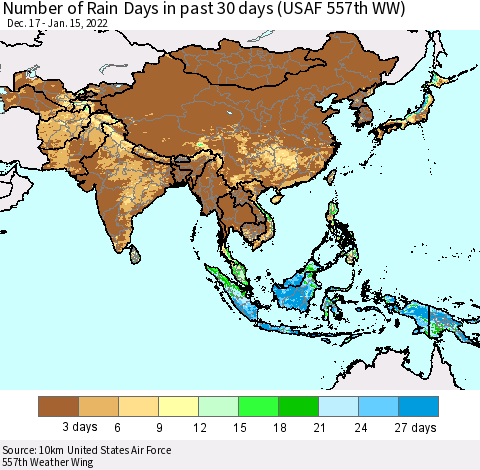 Asia Number of Rain Days in past 30 days (USAF 557th WW) 01/15/2022 Thematic Map For 1/11/2022 - 1/15/2022