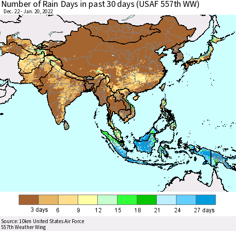 Asia Number of Rain Days in past 30 days (USAF 557th WW) 01/20/2022 Thematic Map For 1/16/2022 - 1/20/2022