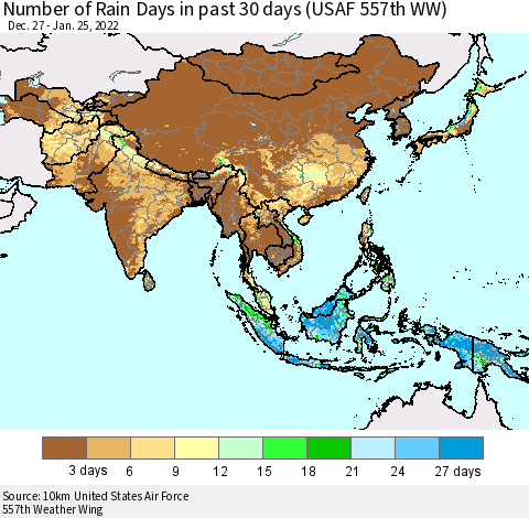 Asia Number of Rain Days in past 30 days (USAF 557th WW) 01/25/2022 Thematic Map For 1/21/2022 - 1/25/2022