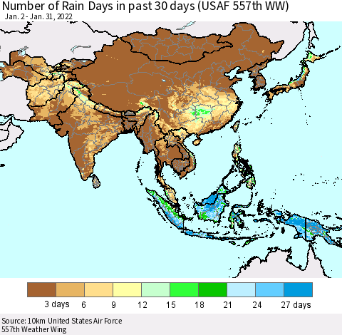 Asia Number of Rain Days in past 30 days (USAF 557th WW) 01/31/2022 Thematic Map For 1/26/2022 - 1/31/2022