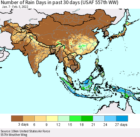 Asia Number of Rain Days in past 30 days (USAF 557th WW) 02/05/2022 Thematic Map For 2/1/2022 - 2/5/2022