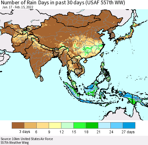 Asia Number of Rain Days in past 30 days (USAF 557th WW) 02/15/2022 Thematic Map For 2/11/2022 - 2/15/2022