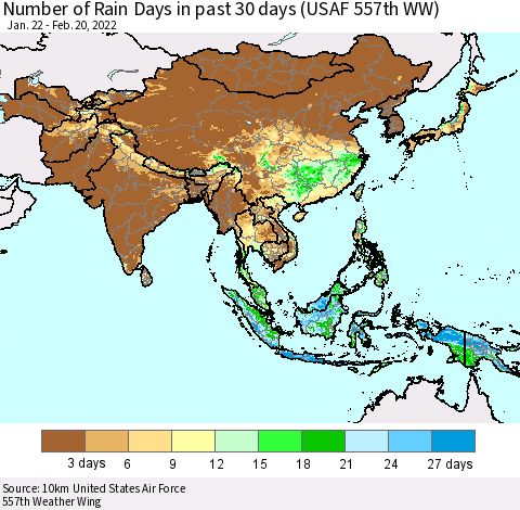 Asia Number of Rain Days in past 30 days (USAF 557th WW) 02/20/2022 Thematic Map For 2/16/2022 - 2/20/2022